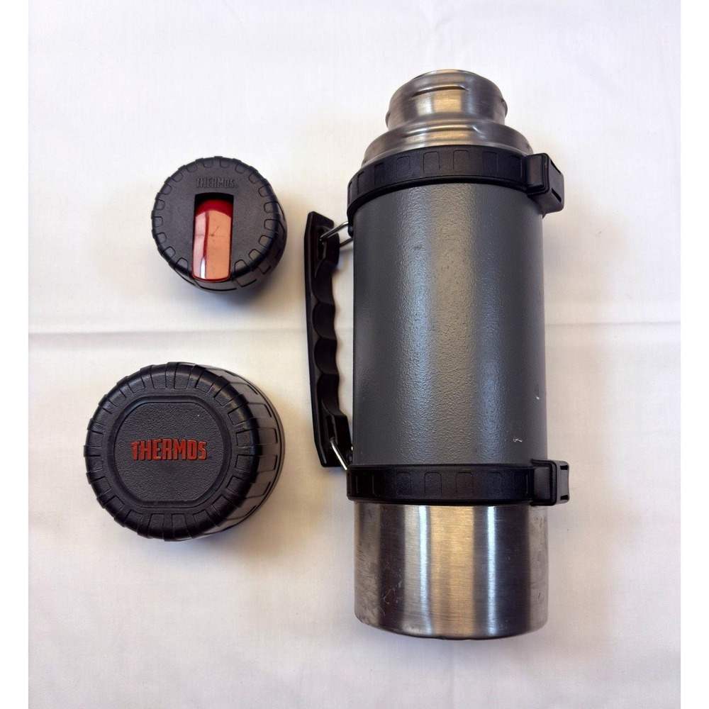 Thermos Metal Vacuum Bottle w/ Cup Lid & Handle, Stopper No. 781, Grn/Gray S2530